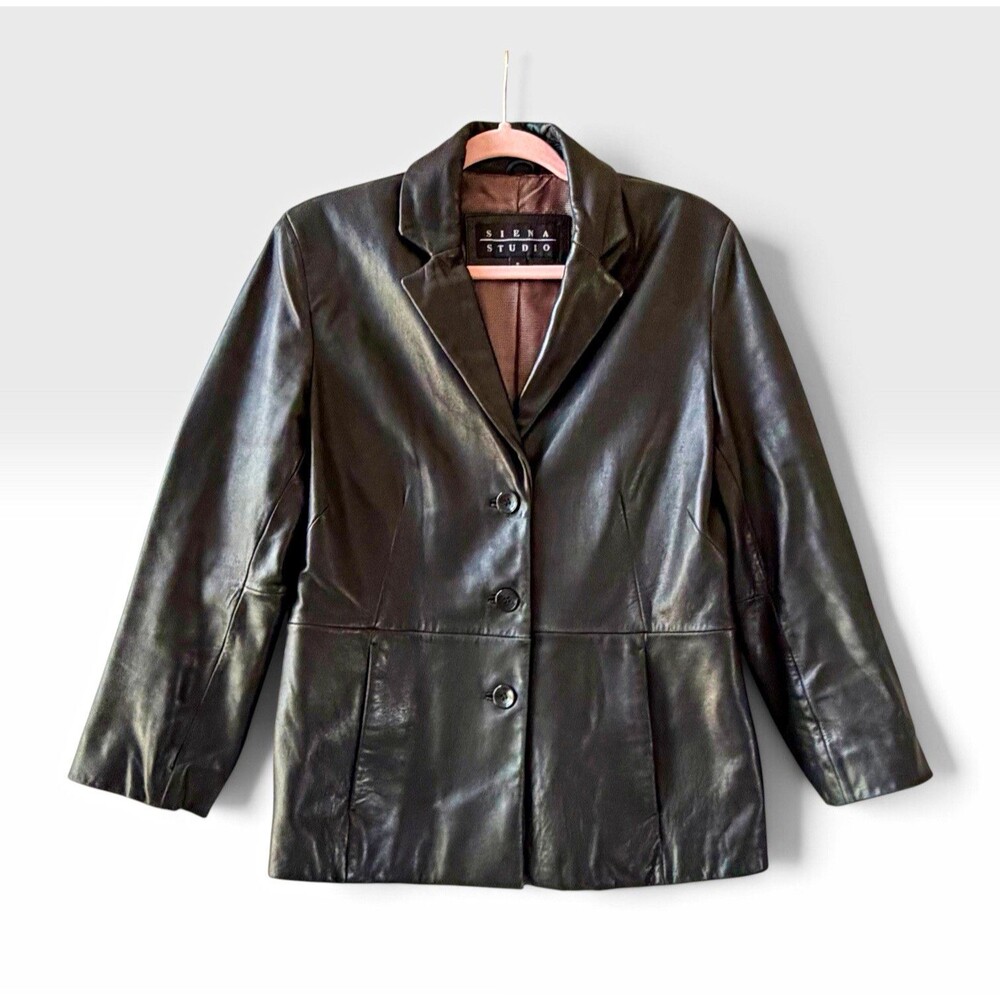 Siena Studio Womens Black Leather Blazer Jacket Size 8 Button Front Lined